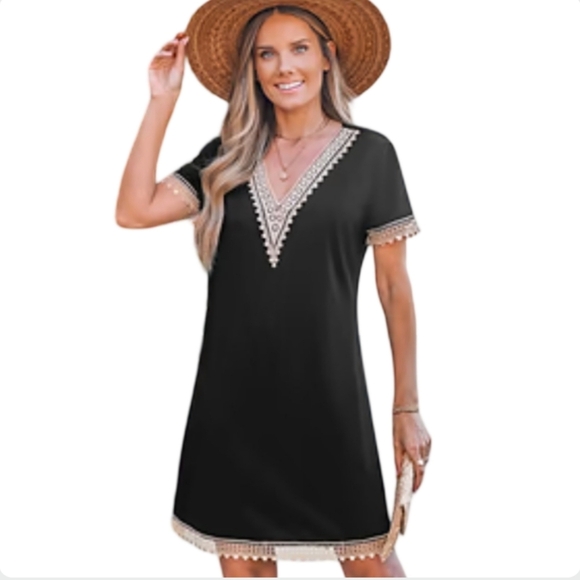 NWT Cupshe Black V-Neck Boho Lace Trim Mini Dress Beach Casual M - Picture 1 of 11
